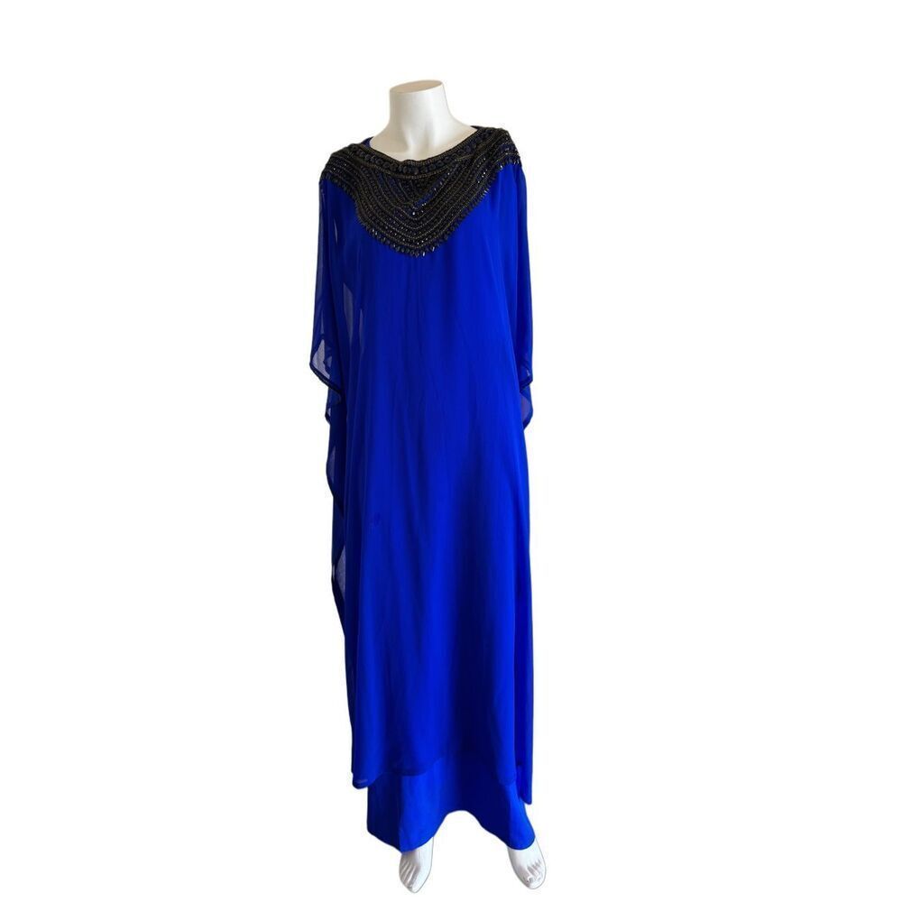 Royal blue women’s Islamic Kaftan black beaded embroidery wide long sleeve osfm - Picture 6 of 9